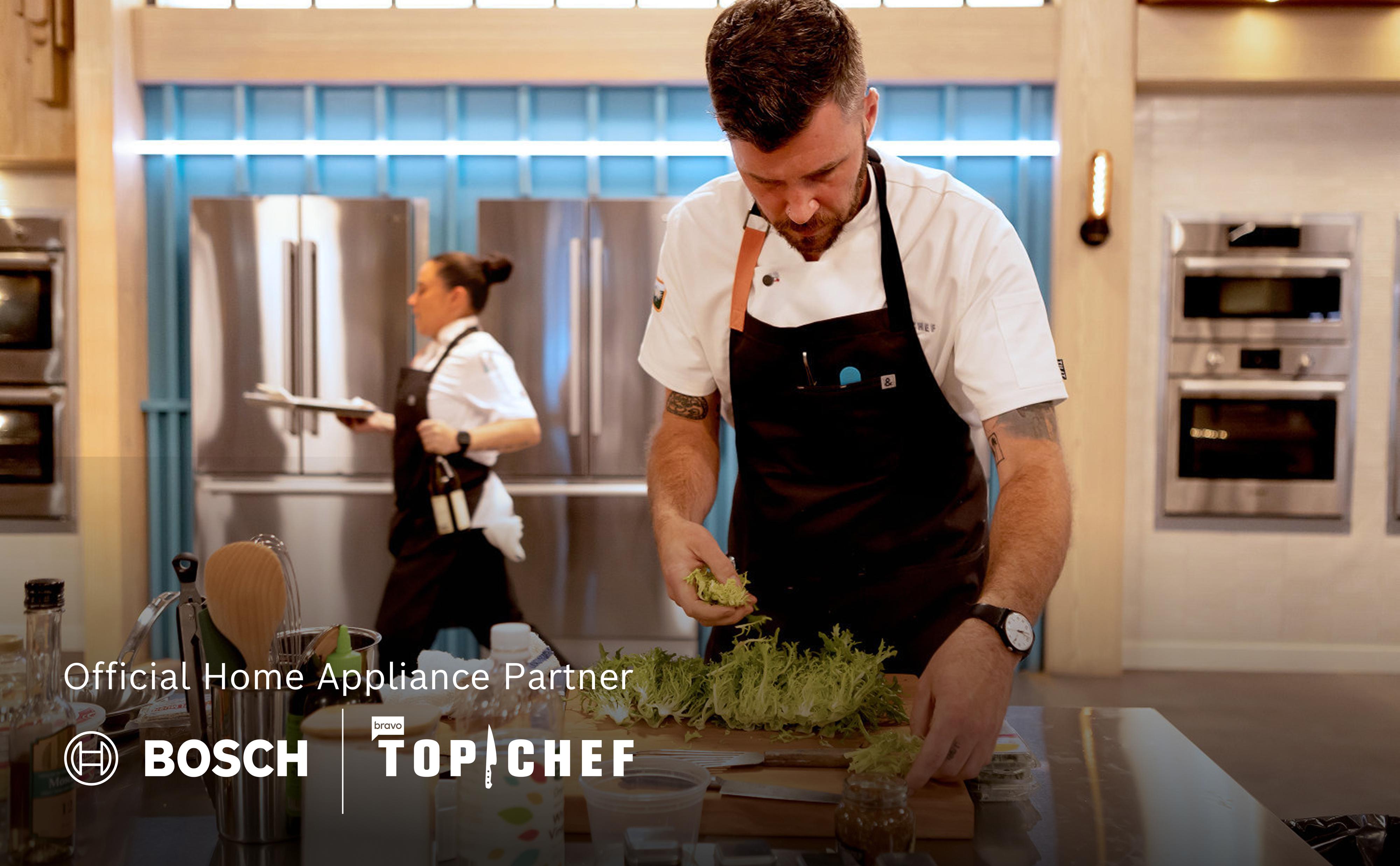 A chef preparing greens at a kitchen counter, with another person walking in the background; Bosch and Top Chef logos appear as official home appliance partner.