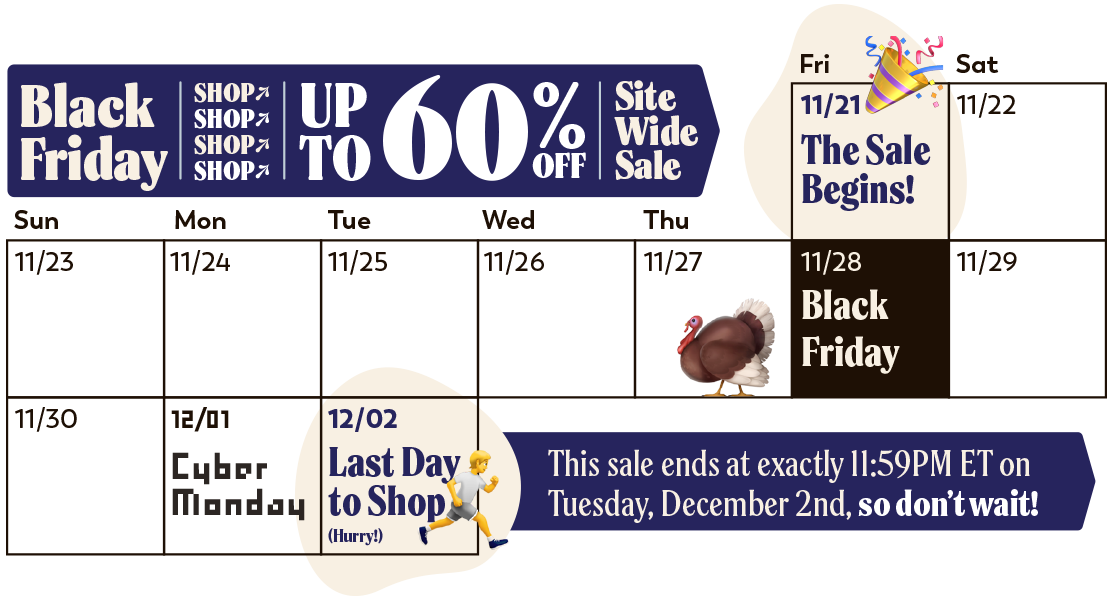 A calendar of the whole sale which starts on November 21st and end December 2nd. Text includes up to 60% off, sitewide sale, and don't wait! The dates of Black Friday (November 28th, and Cyber Monday (December 1st) are also highlighted, as well as Thanksgiving (November 27th).