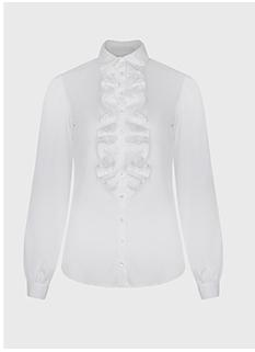 White Long Sleeve Cotton Shirt With a Collar, Pleated Front Panel, and Flared Ruffle at the Waist