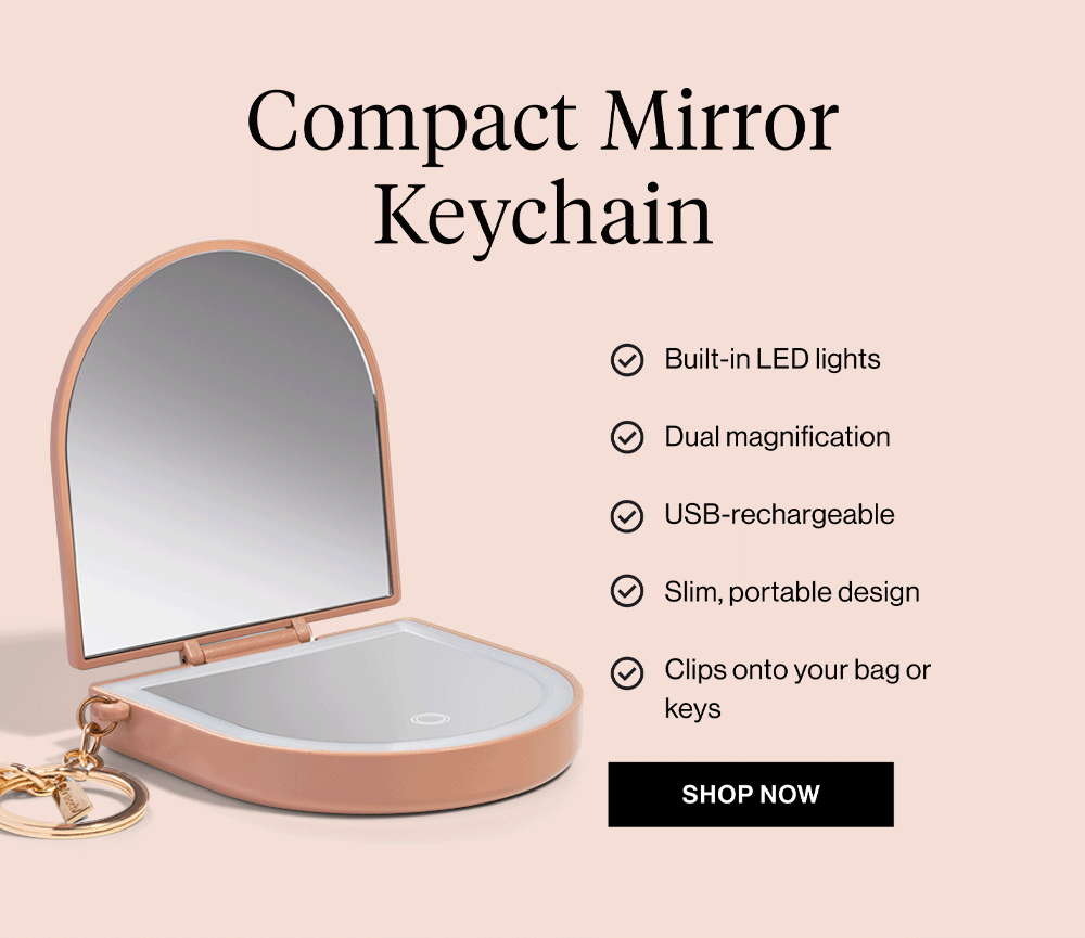 Terracotta Compact Mirror Keychain. Built-in LED lights Dual magnification USB-rechargeable  Slim, portable design