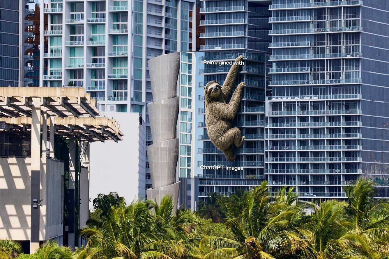 An OOH image of a sloth climbing the side of a building in Miami, part of a campaign called 