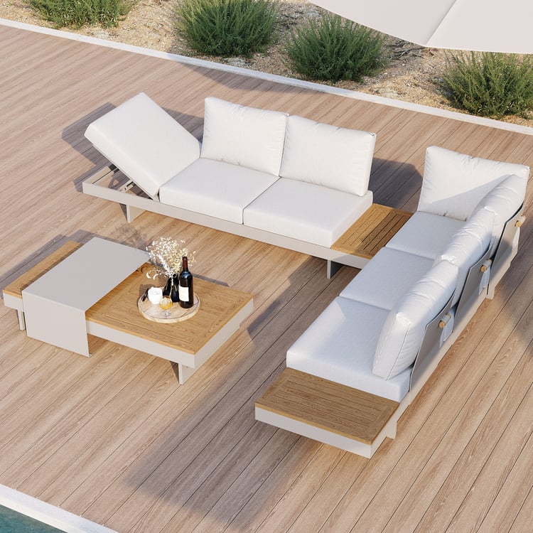 Tevara 4-Piece Outdoor Teak & Aluminum Modular Sofa Set with Coffee Table in Warm White