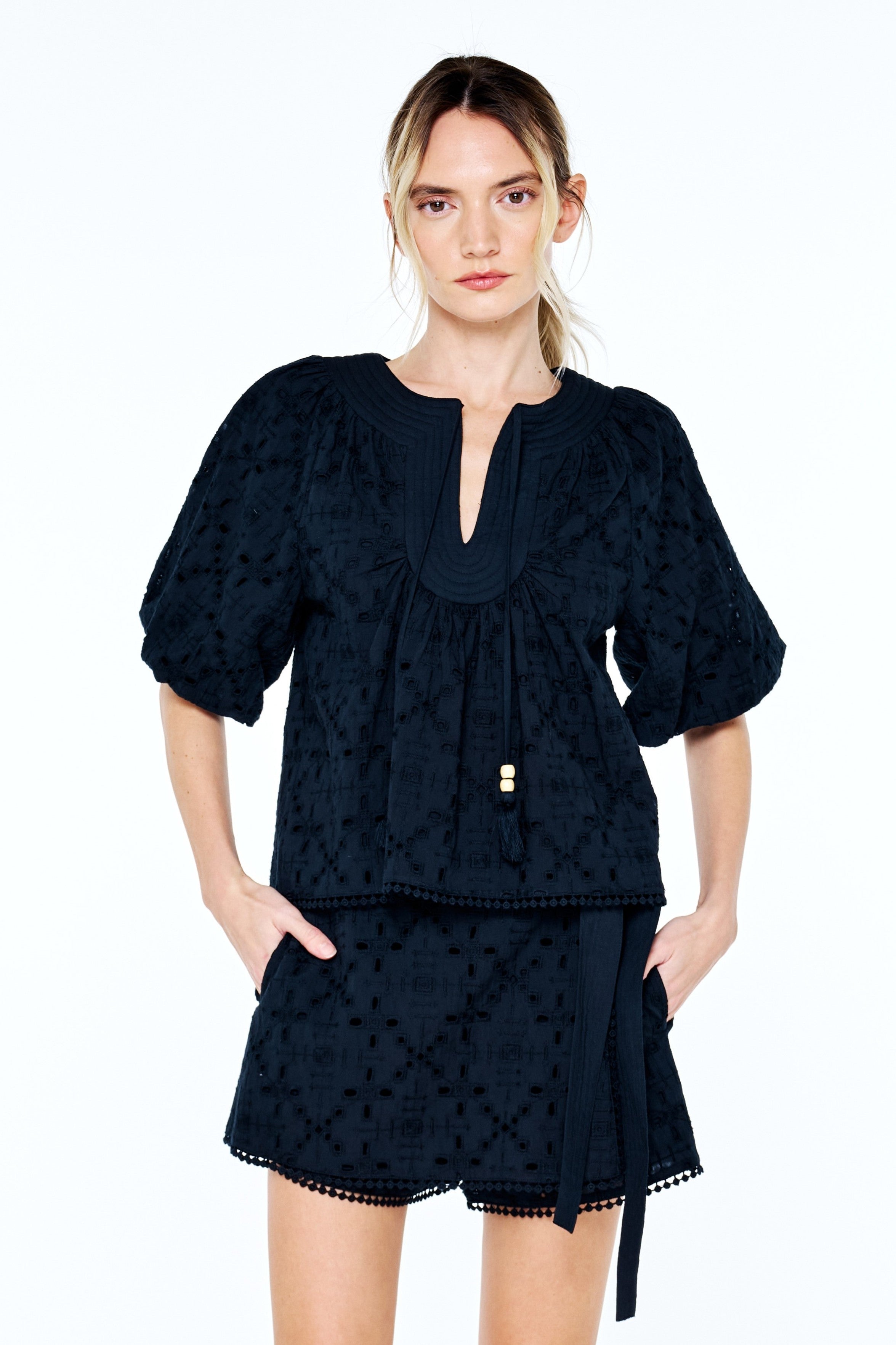 Image of Delphi Embroidered Eyelet Puff Sleeve Top