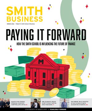 Spring 2026 cover of Smith Business Magazine, with illustration of red building with M surrounded by yellow coins and green dollar bills. Headline reads, 
