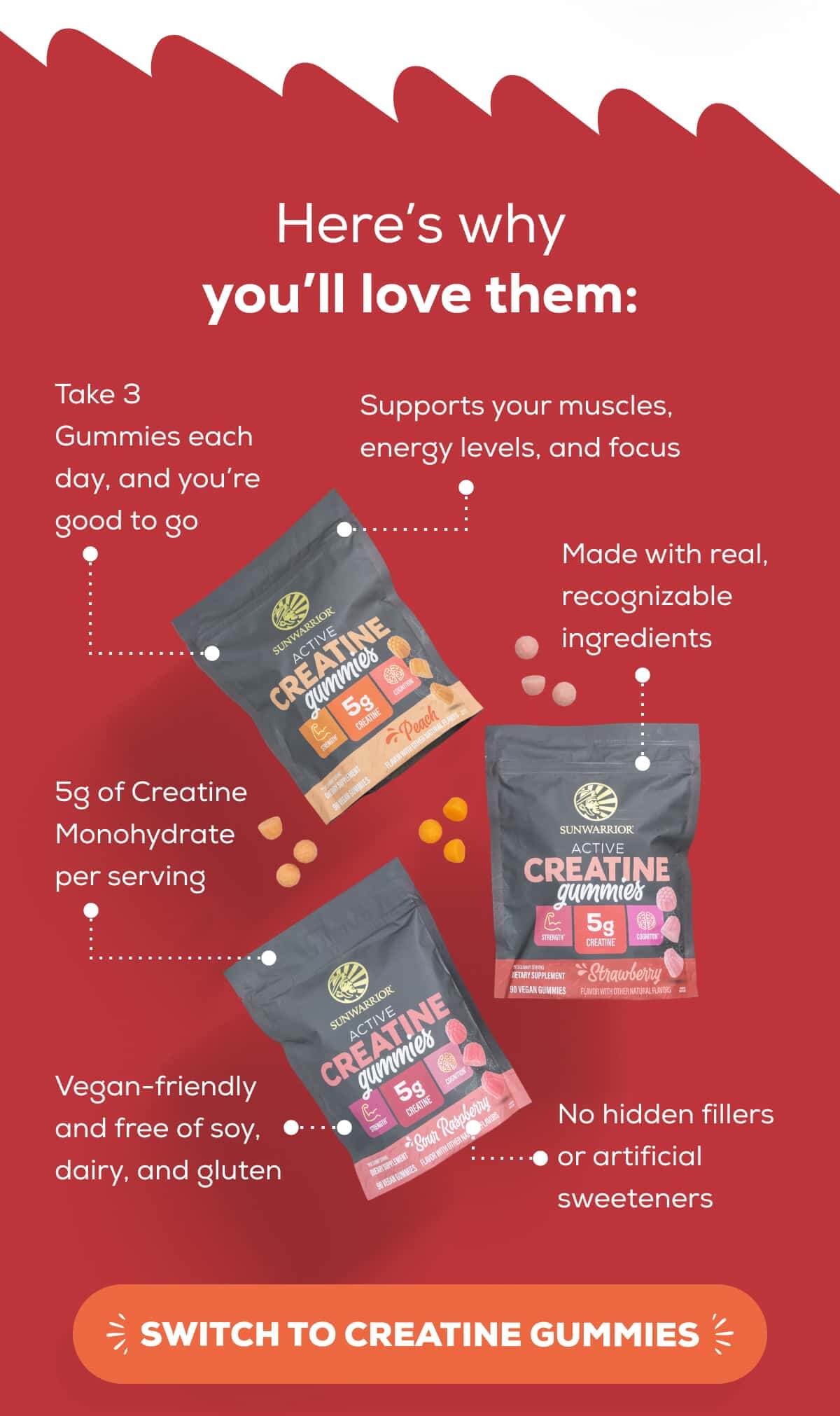 Here’s why you’ll love them:  5g of Creatine Monohydrate per serving Take 3 Gummies each day, and you’re good to go Supports your muscles, energy levels, and focus Vegan-friendly and free of soy, dairy, and gluten Made with real, recognizable ingredients No hidden fillers or artificial sweeteners    SWITCH TO CREATINE GUMMIES