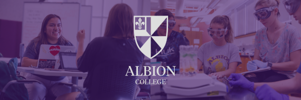 Albion College students work in the library and together in a lab; on top is the albion college logo