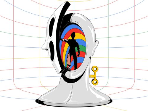 Illustation of a giant mechanical head, smaller figure, Google colors