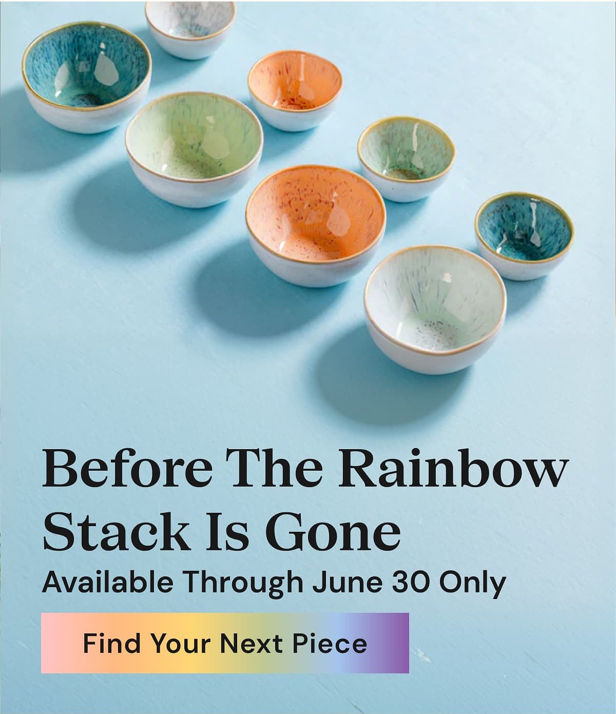 Colorful ceramic bowls arranged on a blue surface with promotional text.