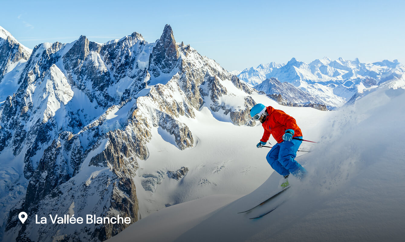 A man drops in on a snowy mountain in La Vall&eacute;e Blanche Chamonix, France