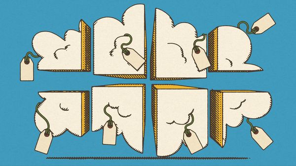 Illustration of a cloud that has been cut into pieces, all the pieces have price tags on them