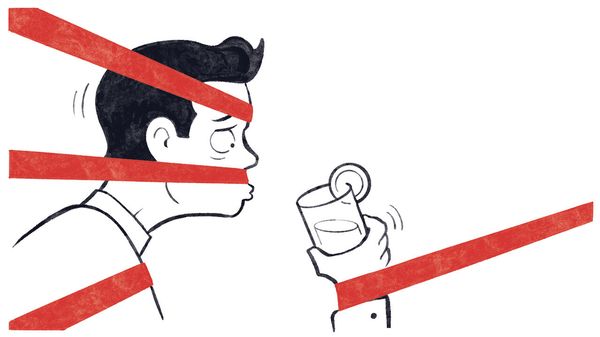 illustration of a worried person wrapped in red tape, struggling to drink from a glass