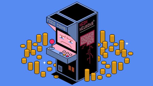 This illustration uses a retro arcade machine and gold coins to symbolize AI and technology being turned into profitable products or businesses.