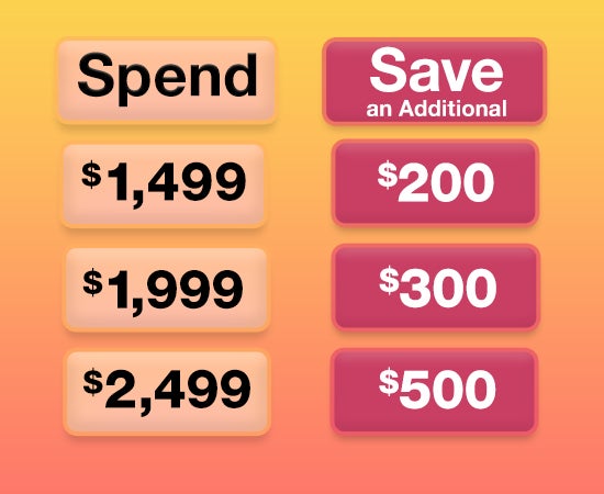Spend $1499 Save $200 Spend $1999 save $300 spend $2499 save $500 on select appliances