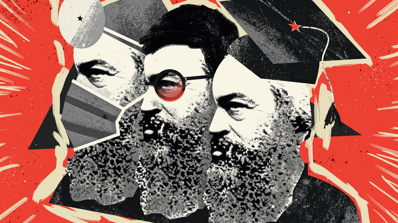 Illustration of a soviet style line up of profiles of Karl Marx, one wearing a surgeon mask and headgear, one with short hair and glasses, and one wearing a graduation cap