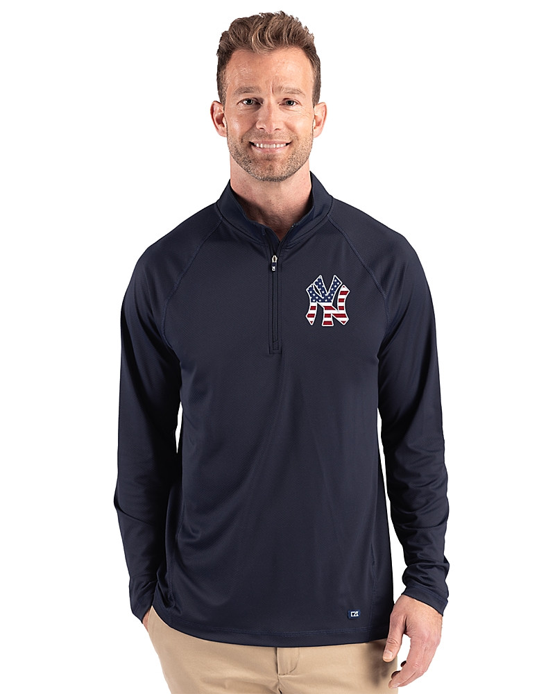 Image of New York Yankees Stars & Stripes Cutter & Buck Prospect Recycled Featherlight Stretch Mens Quarter Zip