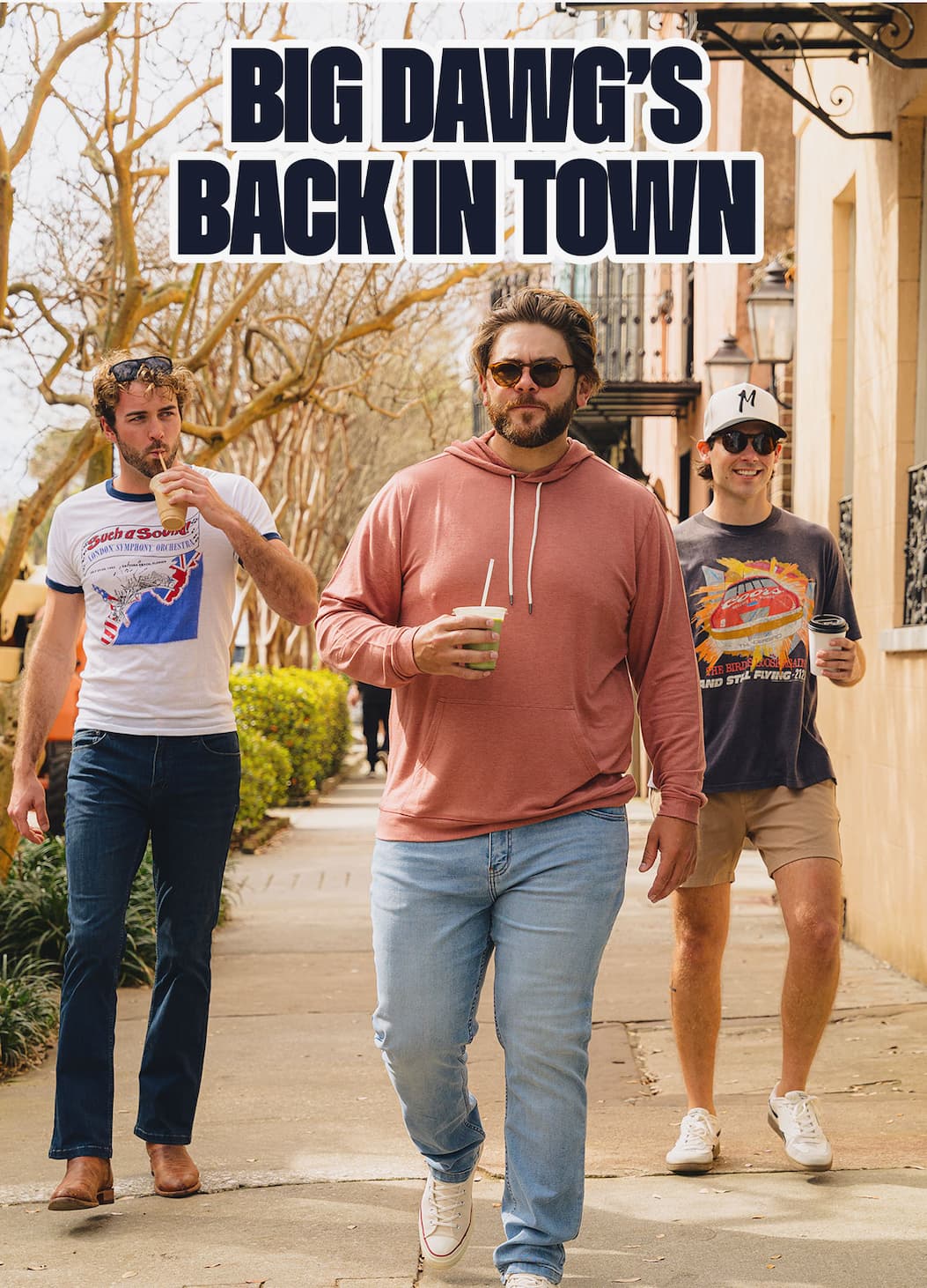 Big dawg's back in town. IMG of three men in Mugsy jeans.