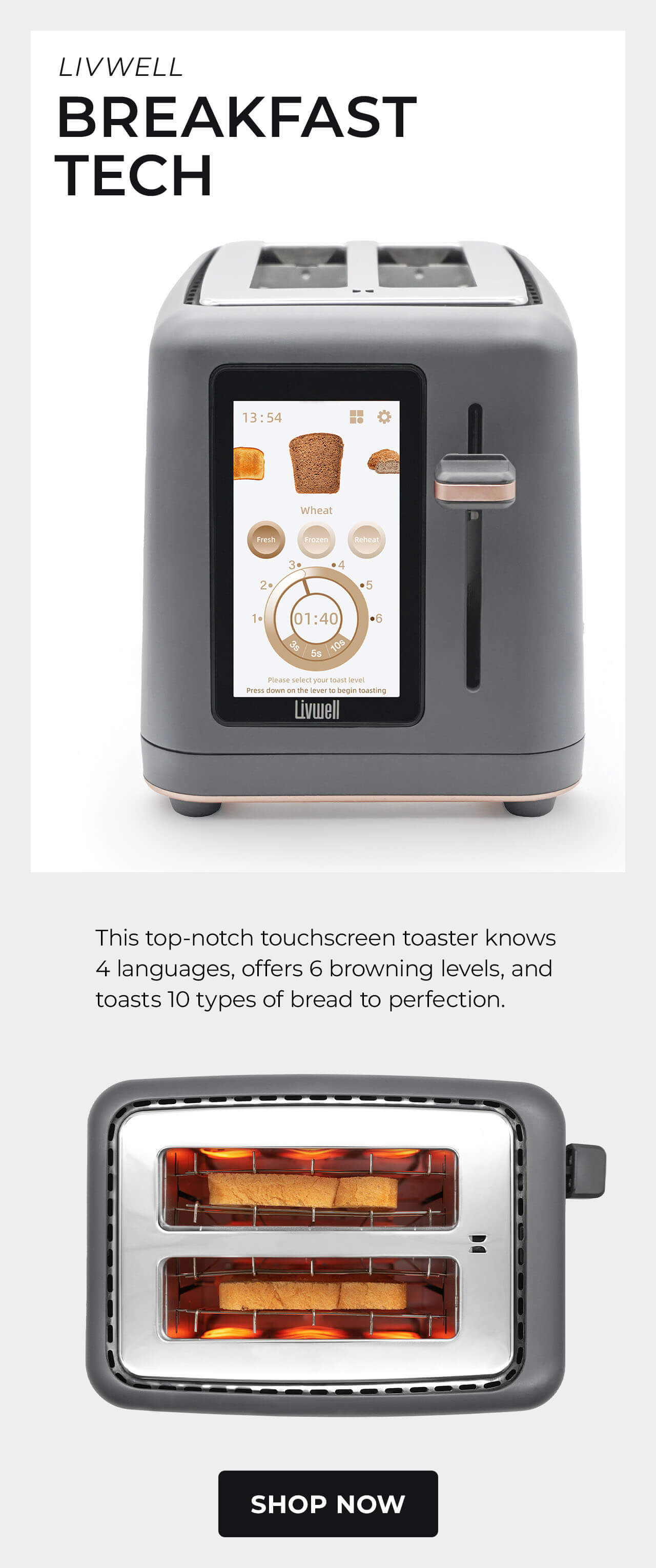 Livwell Touch IQ Matte Grey 2-Slice Toaster