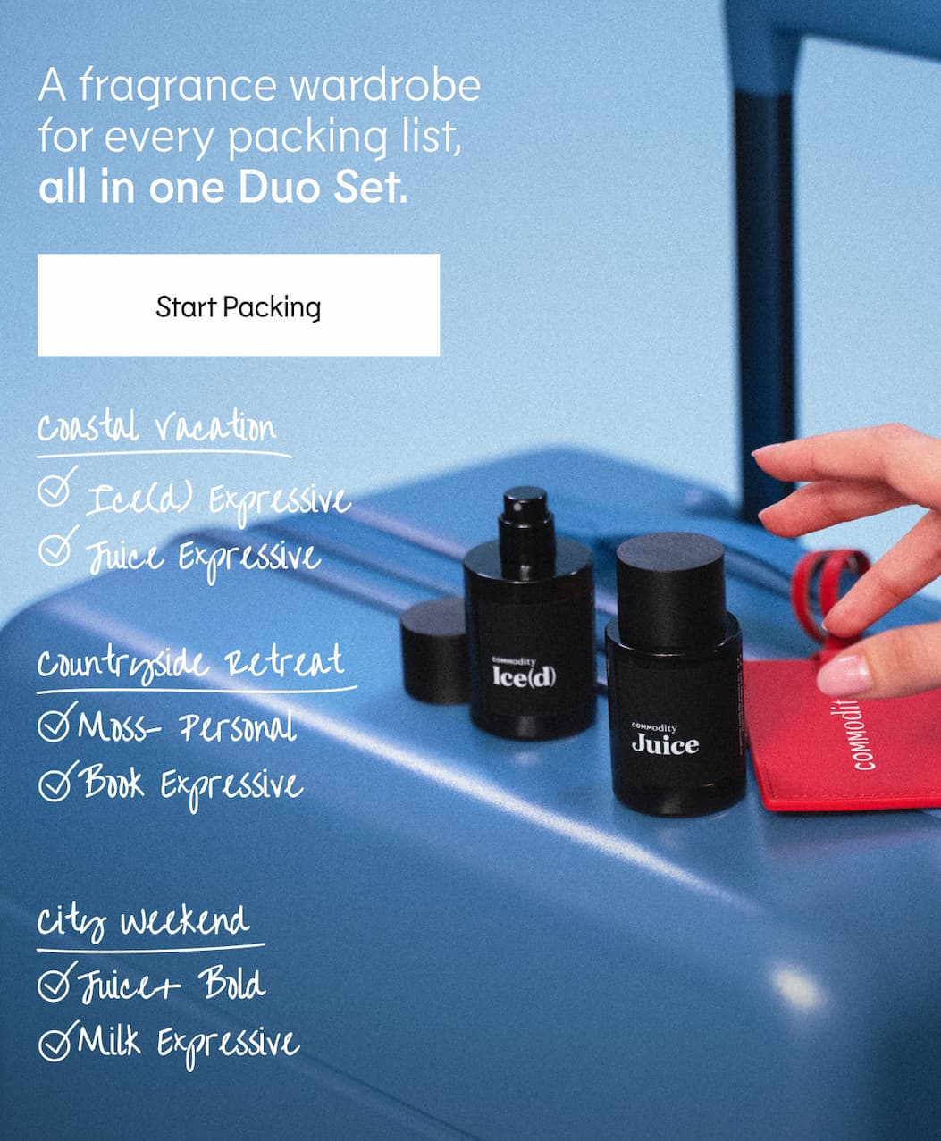 A fragrance wardrobe for every destination, all in one Duo Set. Coastal Vacation Ice(d) Expressive & Juice Expressive Countryside Retreat Moss- Personal & Book Expressive City Weekend Juice+ Bold & Milk Expressive