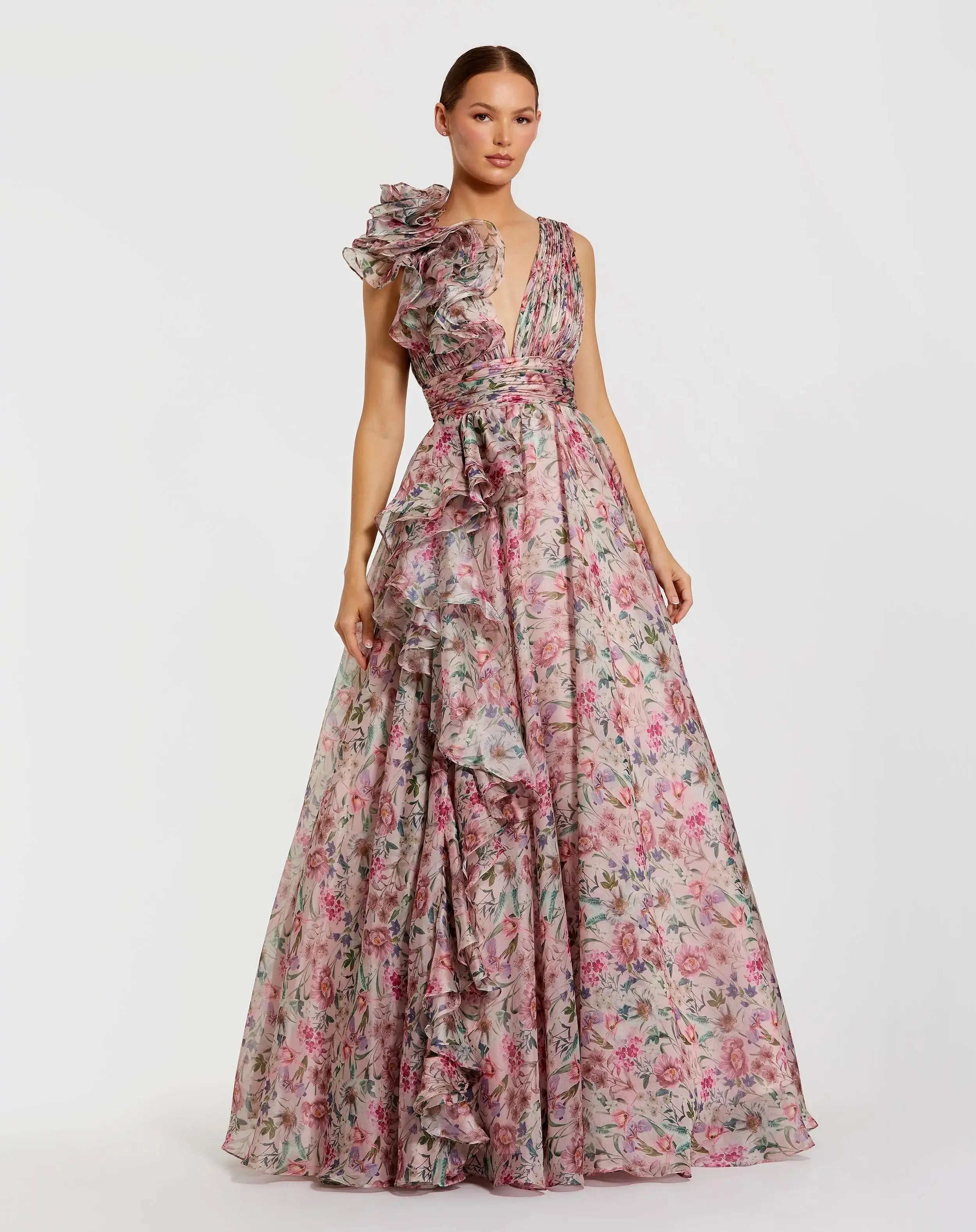 Image of Pink Sleeveless V-Neck Floral Chiffon Ruffle Ball Gown