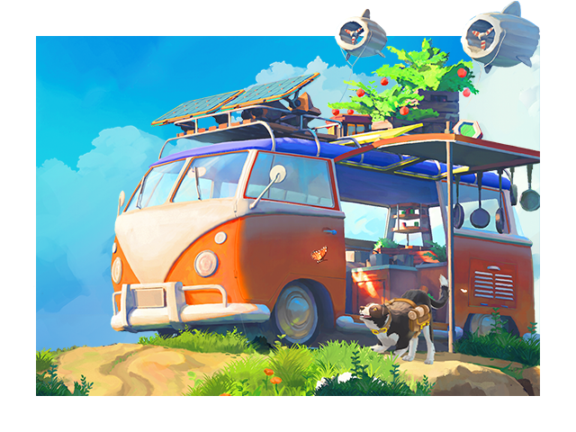 Key art for Outbound depicting a vintage camper van parked at a scenic lookout.
