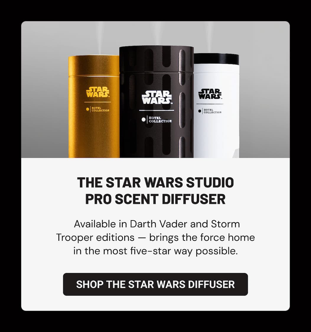 The Star WarS Studio PrO Scent Diffuser. Available in Darth Vader and Storm Trooper editions — brings the force home in the most five-star way possible.