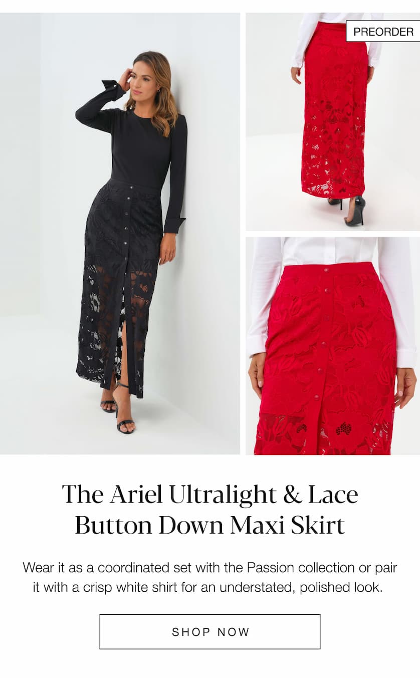 The Ariel Ultralight & Lace Button Down Maxi Skirt. SHOP NOW