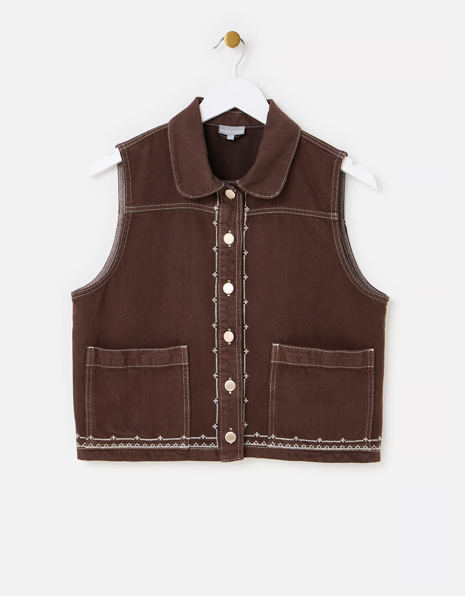 Chocolate Brown Cross Stitch Collared Denim Waistcoat