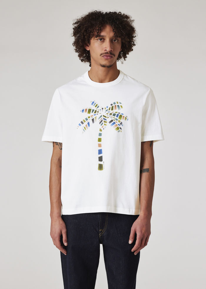 Image of White 'Palm Tree' Print T-Shirt