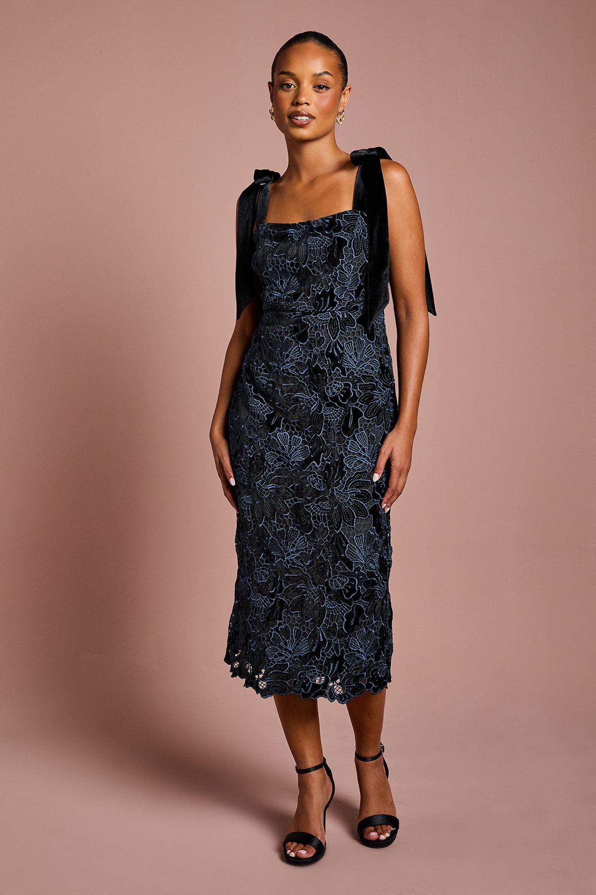 Petite Cut Out Velvet Lace Tie Shoulder Column Midi Dress