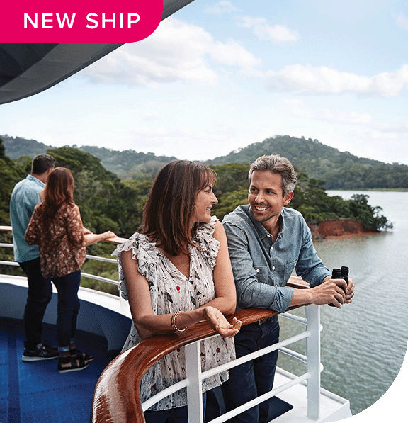 New Ship. A couple enjoys the views of the Panama Canal onboard a Princess ship.