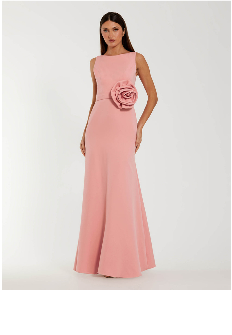 Pink Boat Neck Crepe A Line Gown With Flower