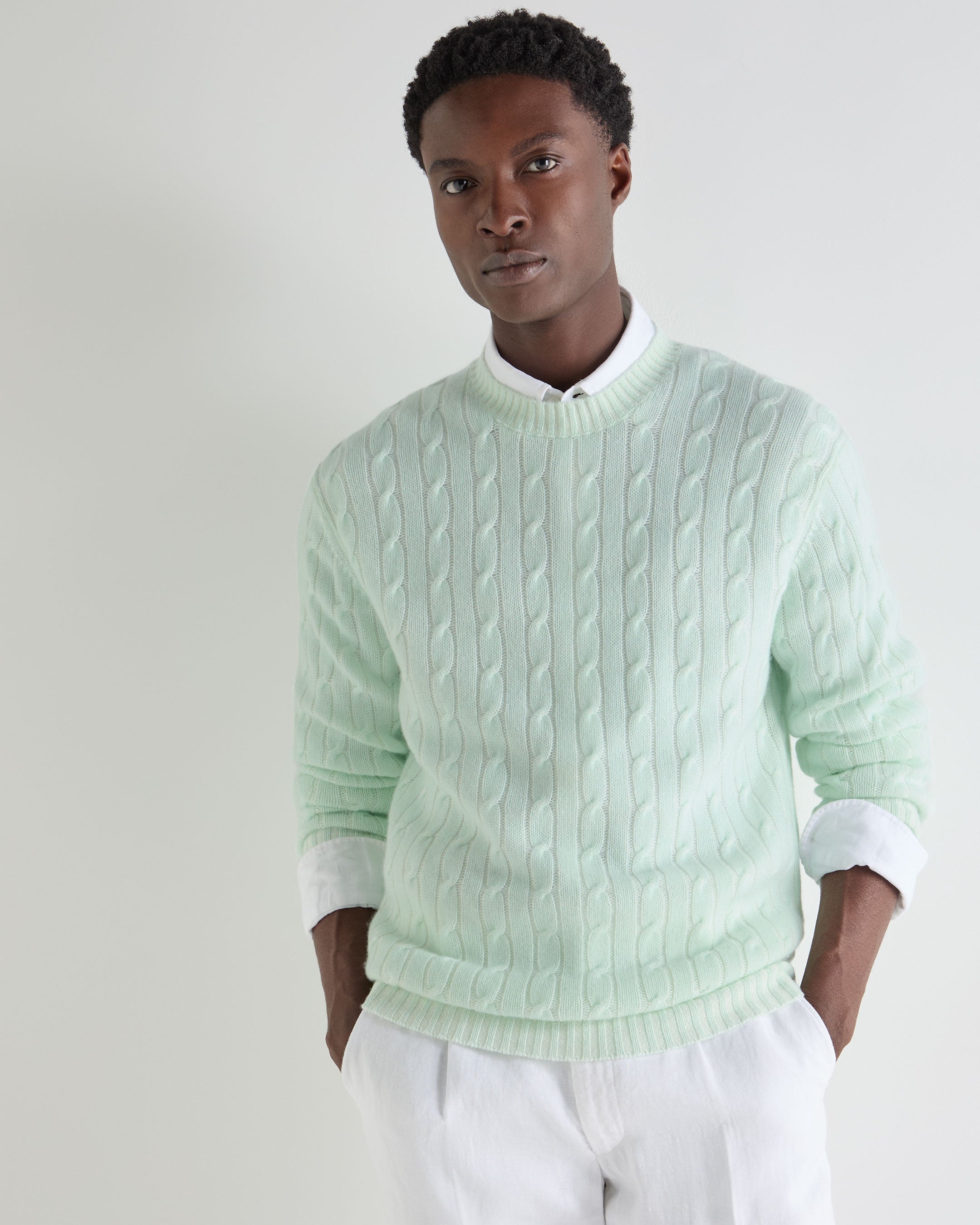 Image of Men's Thames Cable Round Neck Cashmere Sweater Mint Green