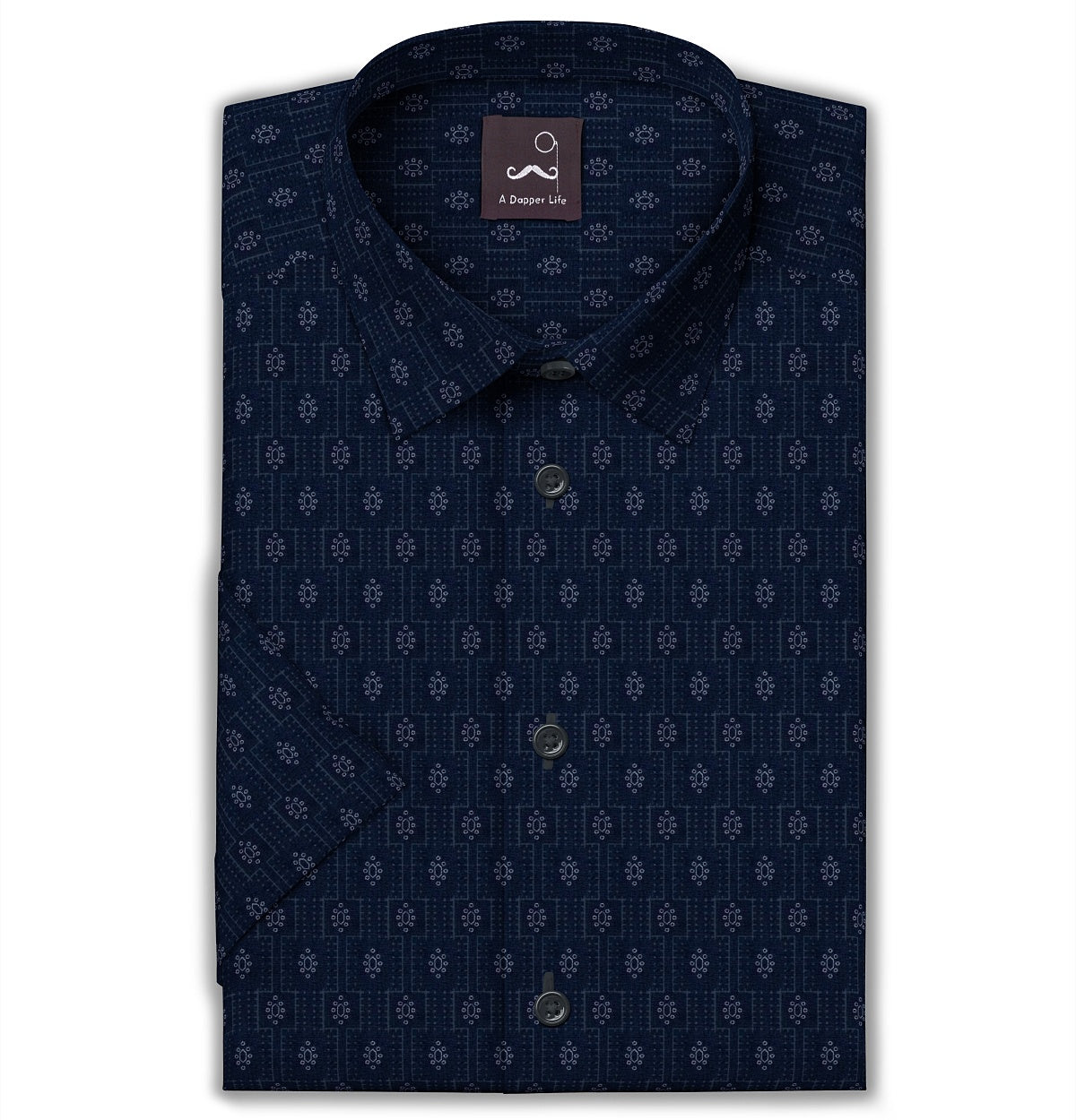 Image of Pure Cotton - Semi-Spread Collar - Short Sleeve - Navy Floral Medallion