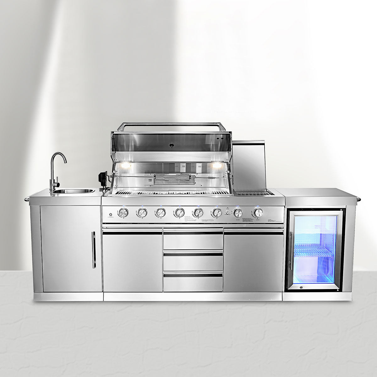 Image of 6-Burner Propane Gas Grill Island with Rotisserie and Outdoor Refrigerator