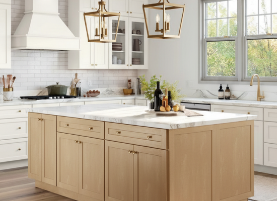 Kitchen with white and natural colored cabinets