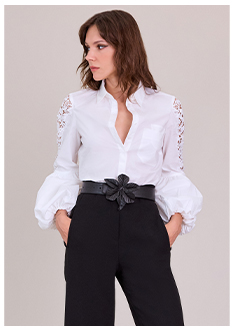 White Balloon Sleeve Shirt With Intricate Floral Embroidery