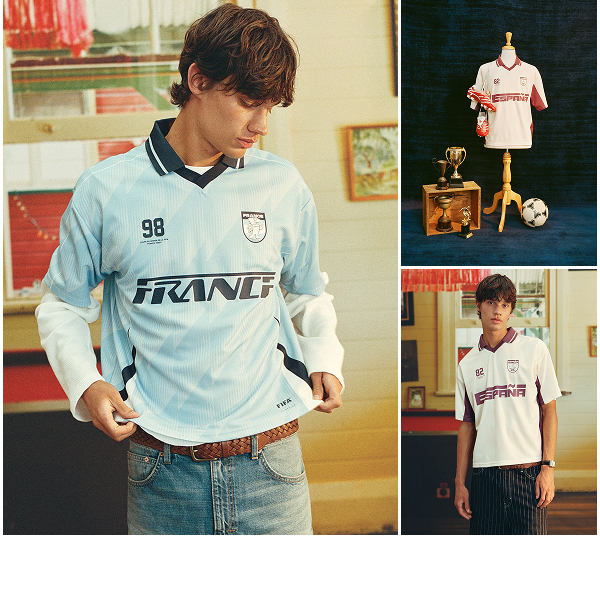 Vintage football jerseys from France and Spain displayed with trophy and soccer ball styling
