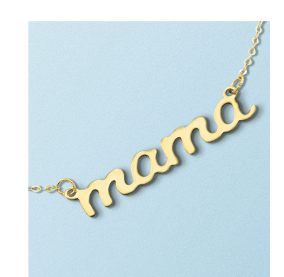 Yellow gold mama script necklace on delicate chain.