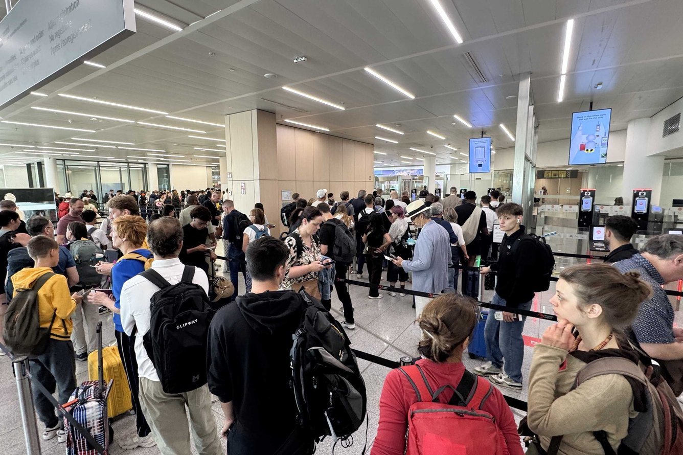 Long line at passport control in Brussels Airport