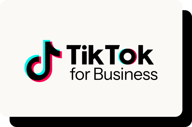 Off-white rounded card featuring the TikTok for Business logo — the TikTok musical note icon in cyan and hot pink beside the bold black text "TikTok for Business".