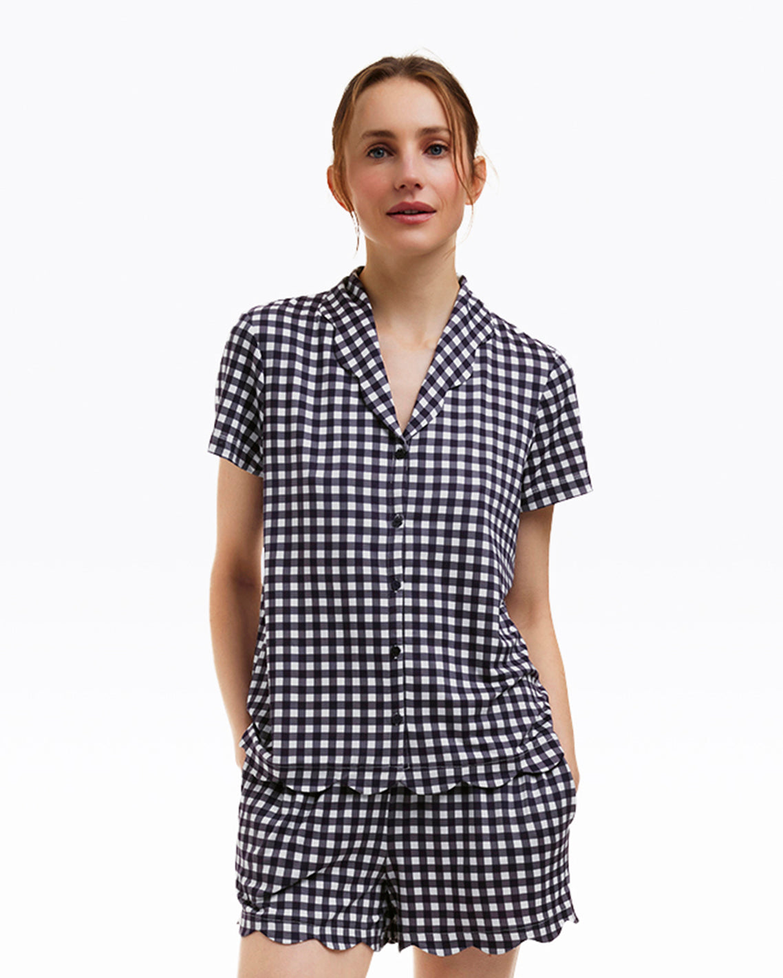 Image of Scallop Sara Pajama Set in Navy Gingham