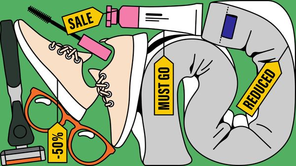 Illustration of a razor, an allbirds shoe, a pair of glasses, a casper mattress and some glossier makeup all squeezed into a small space with sale tags on them