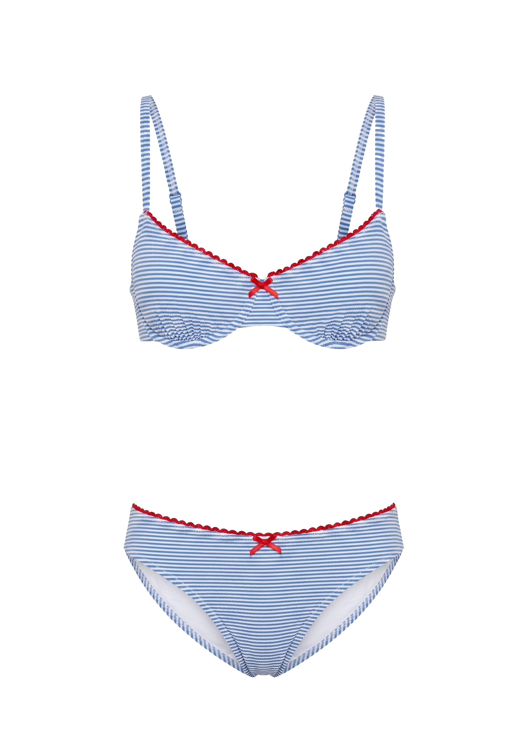 blue and white stripped seersucker bikini with red mini bow
