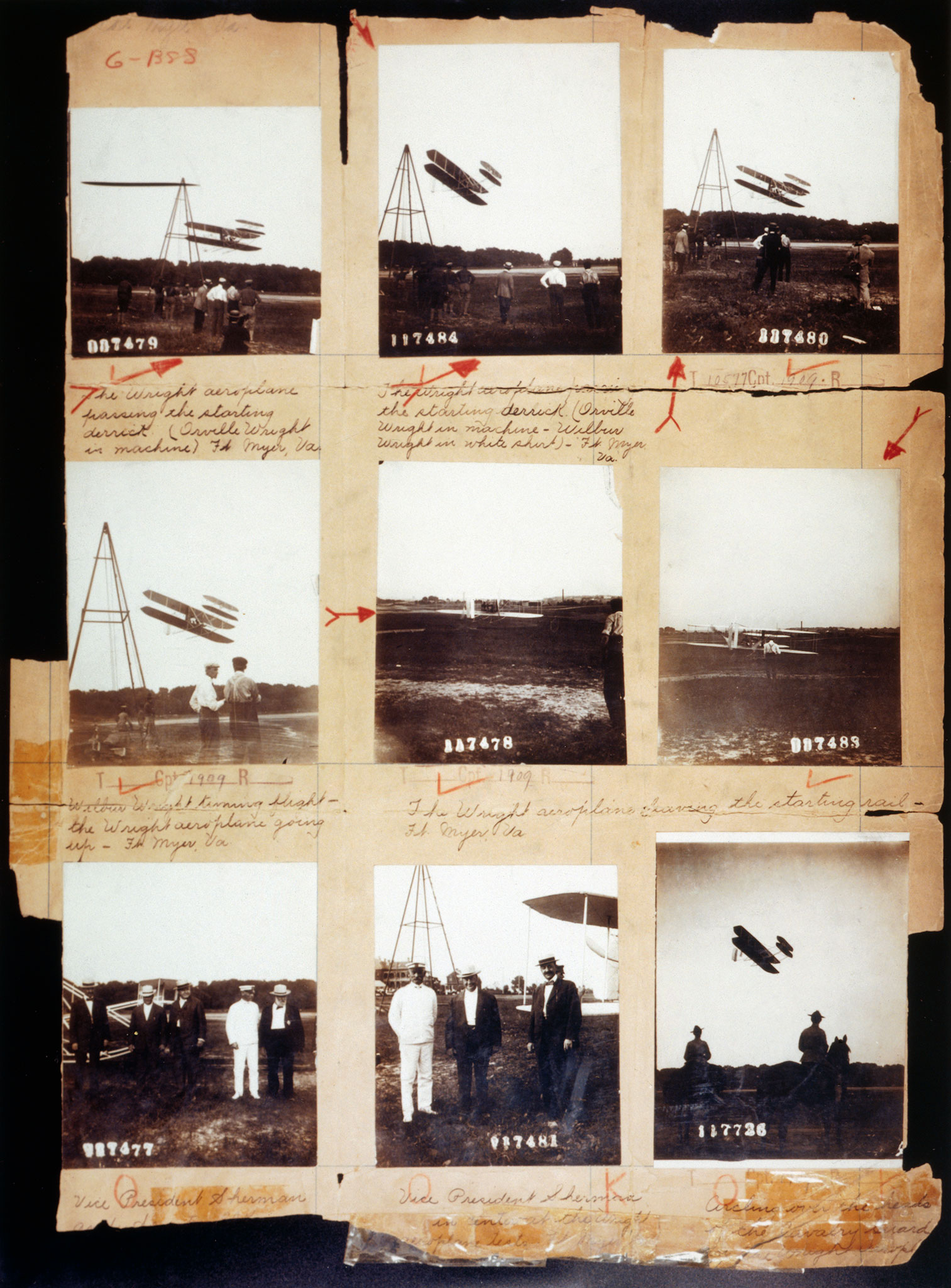 Orville Wright demonstrates a Wright Model A during Army trials at Fort Myer, Virginia, 1908-1909. Several frames show the derrick-style catapult used to launch the aircraft. 