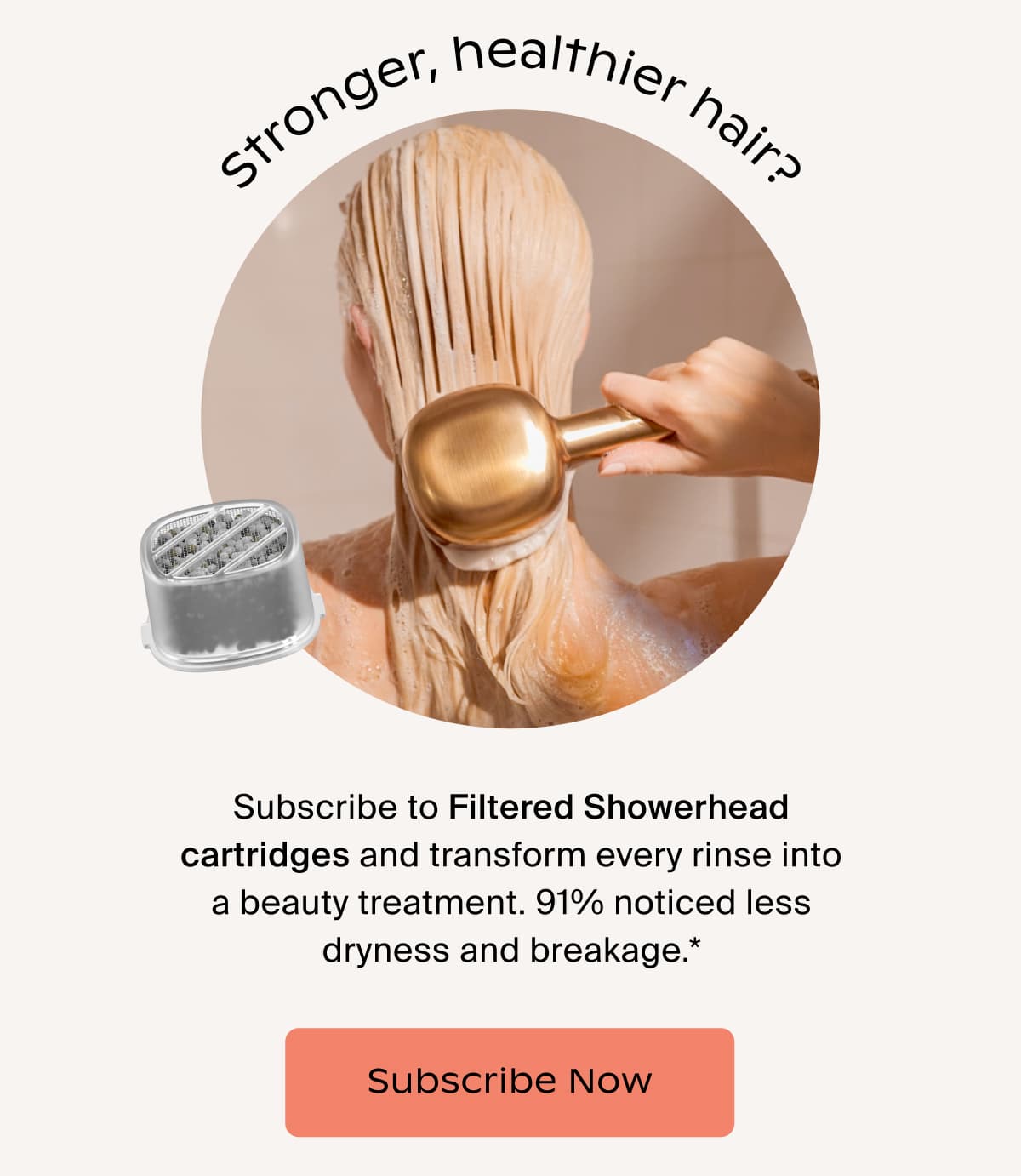 Subscribe to Filtered Showerhead cartridges and transform every rinse into a beauty treatment. 91% noticed less dryness and breakage.* | Subscribe Now