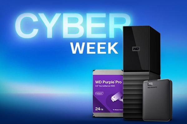 "CYBER WEEK" text above a collection of Western Digital external hard drives and a NAS drive.