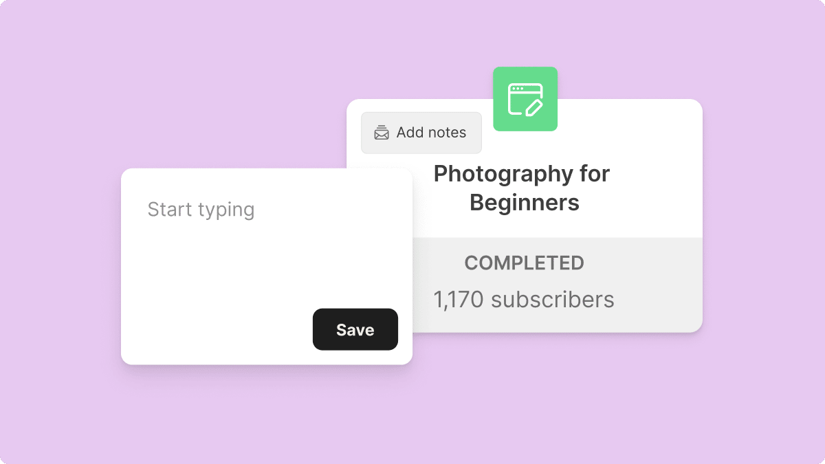 GIF of a user interface where a note is being typed and saved for a course titled 'Photography for Beginners,' which is marked as completed with 0 subscribers.