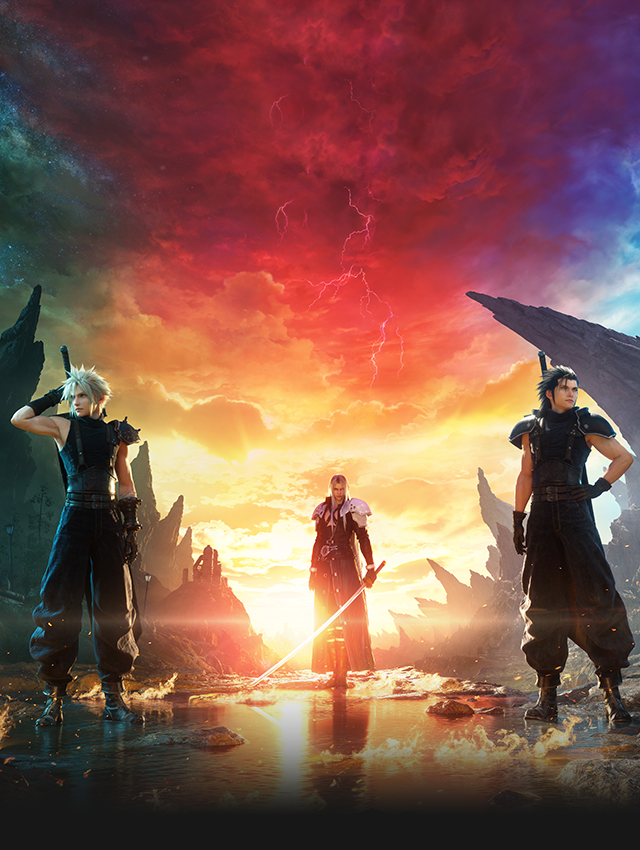 Key art for FINAL FANTASY VII REBIRTH featuring the Cloud Strife, Sephiroth, and Zack Flair standing on a rocky shore as the sun rises in the background.