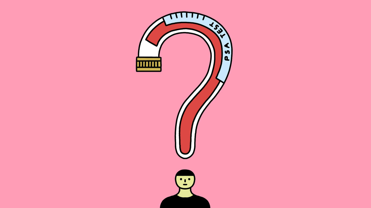  Illustration of a person whose head forms the dot of a large question mark. The curved part of the question mark is depicted as a red and white medical sample tube labeled PSA TEST