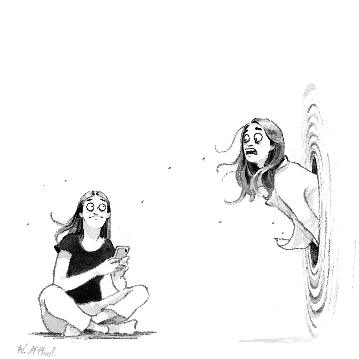 A panicked-looking woman sticks her head out of a mysterious swirling portal and talks to a younger woman.
